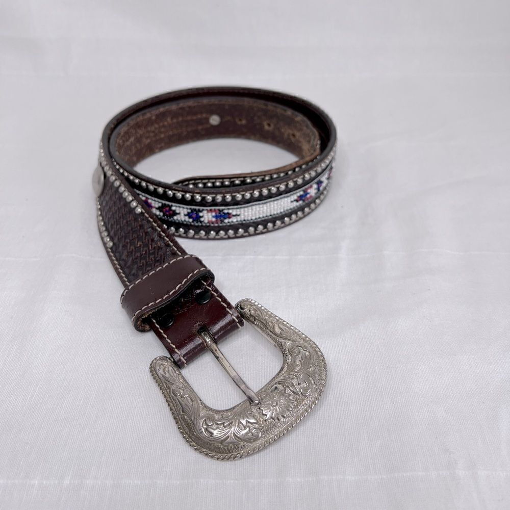 Vintage Aztec design handmade leather belt, men’s size 32-33 waist